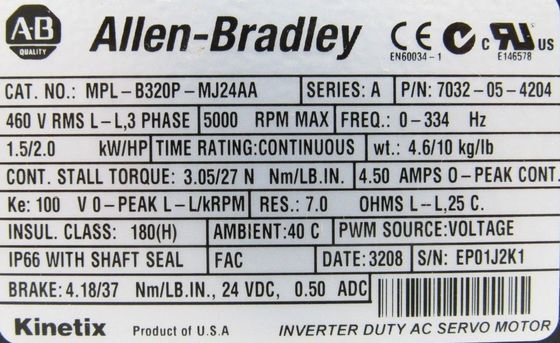 ALLEN-BRADLEY MPL-B320P-MJ22AA Кинетикс MPL Низкоинерционный сервомотор