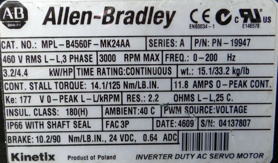 ALLEN-BRADLEY MPL-B4560F-MK24AA MPL-серия MPL 480V AC вращающийся сервомотор
