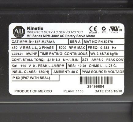 ALLEN-BRADLEY MPM-B1151F-MJ72AA MPM-серия MPM 480V AC вращающийся сервомотор