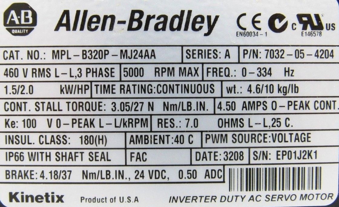 ALLEN-BRADLEY MPL-B320P-MJ24AA MPL-серия MPL 480V AC вращающийся сервомотор
