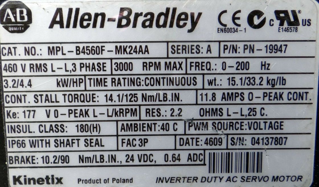 ALLEN-BRADLEY MPL-B4560F-MK24AA MPL-серия MPL 480V AC вращающийся сервомотор